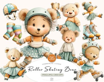 Roller Skating Bear Clipart | Cute Teddy PNG/JPG for Kids Party, Scrapbooking, Nursery Decor, Baby Shower, Digital Download