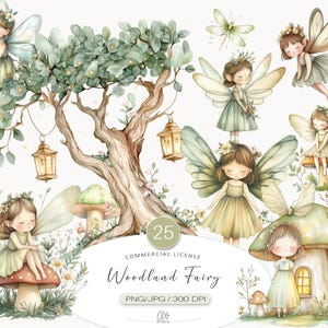 Waldfee Clipart PNG JPG Set - 25 grüne Waldfeen für Scrapbooking, Junk Journal, Karten, Baby Party, Bastelarbeiten, Sofort Download