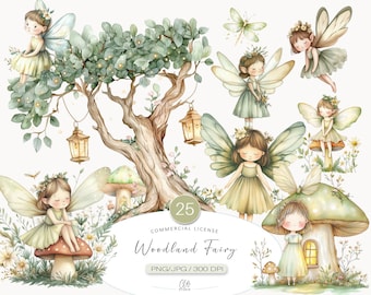 Woodland Fairy Clipart Set: Green Forest Fairies (PNG JPG, Instant Download)