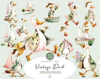 Vintage Duck Clipart: Whimsical Illustrations for Scrapbooking (PNG JPG, Instant Download)