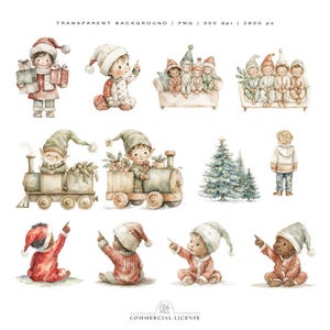 Pode incluir: Ilustra&ccedil;&otilde;es em aquarela de personagens e elementos com tema natalino. Inclui crian&ccedil;as de pijama e gorros de Papai Noel, elfos em um trem, &aacute;rvores de Natal e crian&ccedil;as com presentes. A imagem tem fundo transparente e licen&ccedil;a comercial.
