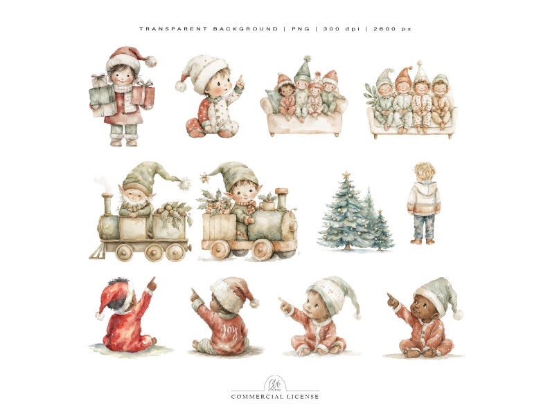 Pode incluir: Ilustra&ccedil;&otilde;es em aquarela de personagens e elementos com tema natalino. Inclui crian&ccedil;as de pijama e gorros de Papai Noel, elfos em um trem, &aacute;rvores de Natal e crian&ccedil;as com presentes. A imagem tem fundo transparente e licen&ccedil;a comercial.