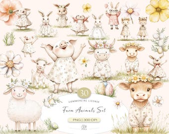 Watercolor Farm Animals Clipart: 30 PNG Nursery Art (Digital Download)