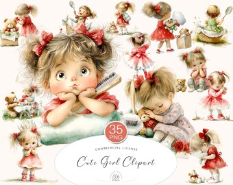 35 Cute Girl Clipart – Watercolor Baby Girl PNG, Teddy Bear, Soft Red Dress, Scrapbooking, Printable Kids Art