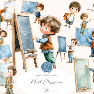 Op de afbeelding: Waterverfillustraties van kinderen in een klaslokaal. De afbeelding toont kinderen met schoolborden, ezels en boeken. De tekst "Math Classroom" is zichtbaar. De afbeelding is gelabeld met "27 PNG" en "Commercial License".