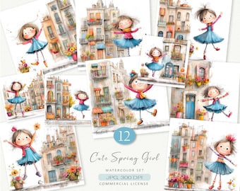 Spring Girl Clipart: Urban City Art, Scrapbooking (JPG, Instant Download)