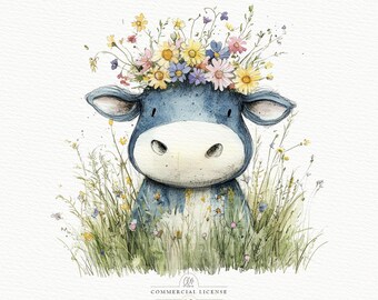 Watercolor Cow Clipart: Floral Wildflower Crown (PNG JPG Digital Download)