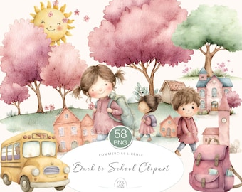 Watercolor Back to School Clipart: Kids, Bus, Buildings (58 PNG Files)
