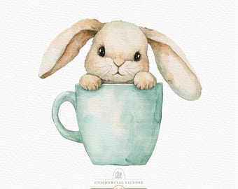 Watercolor Bunny in Mug Clipart | Easter Rabbit, Boho Baby Animal (10 PNG)