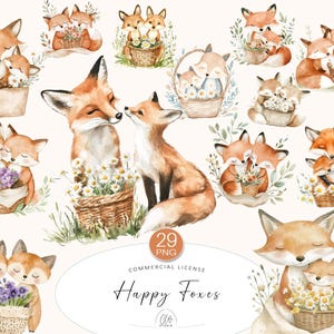 29 cliparts de renard | Renards heureux mignons avec des fleurs et des paniers | Impressions, cartes, autocollants et carnets d'animaux de la forêt PNG pour chambre d'enfant
