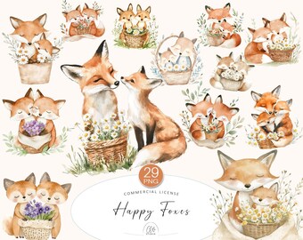 29 Fox Cliparts | Cute Happy Foxes with Flowers and Baskets | PNG Woodland Animals for Nursery Prints, Cards, Stickers & Journals