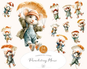 Parachuting Mouse Clipart: Watercolor Nursery Art, Scrapbooking PNG