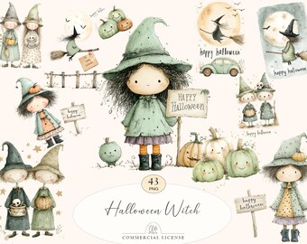 43 Halloween Witch Clipart | Watercolor Witches, Pumpkins, Spooky Kids | Autumn PNG Set