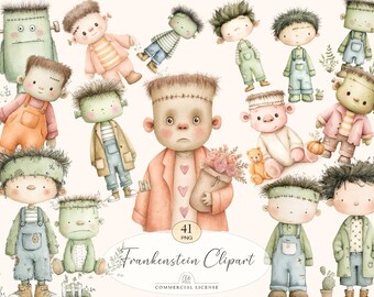 41 Frankenstein Clipart | Cute Halloween PNG, Watercolor Monster Illustration