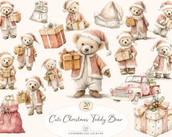 20 Christmas Teddy Bear Clipart | Watercolor Xmas Bear PNG, Holiday Gift Bear Illustration