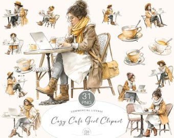 Cozy Cafe Clipart: Watercolor Coffee, Laptop Girl PNG Stickers (Digital Download)