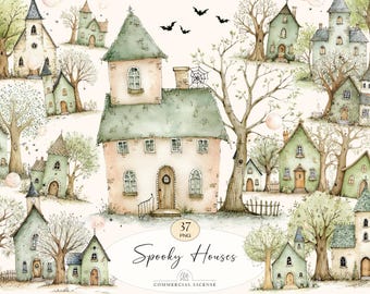 37 Haunted House Clipart | Watercolor Spooky Halloween Houses PNG