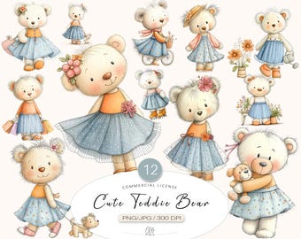 12 Cute Bear Clipart PNG JPG | Girl Bear Illustrations for Scrapbooking & Junk Journal Crafts, Instant Download