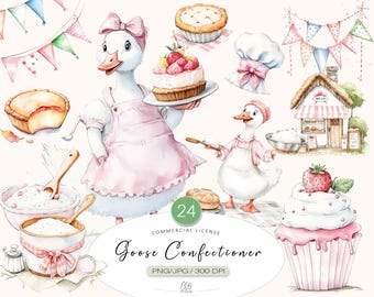 Goose Baking Clipart: Watercolor Duck Kitchen Art (PNG JPG Digital Download)