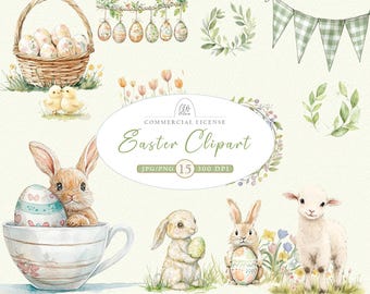 Easter Watercolor Clipart | Bunnies, Eggs, Spring Floral, Chicks, Lamb | 15 JPG & PNG