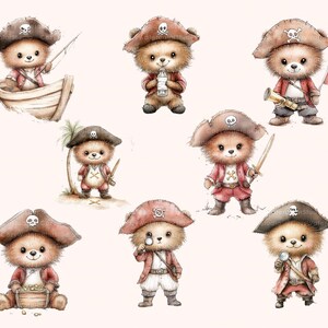 May include: A set of ten watercolour illustrations of cute brown teddy bears dressed as pirates. Each bear is wearing a different pirate costume and holding a different pirate accessory. The bears are all smiling and looking happy.