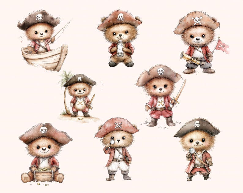 May include: A set of ten watercolour illustrations of cute brown teddy bears dressed as pirates. Each bear is wearing a different pirate costume and holding a different pirate accessory. The bears are all smiling and looking happy.