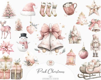 36 Pink Christmas Clipart | Watercolor Pastel Holiday PNG, Elegant Xmas Illustrations