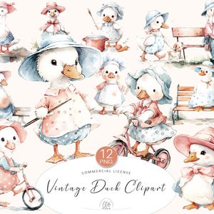 12 cliparts de canard vintage PNG • Canards pastel en robes et chapeaux • Illustrations de fille de ferme printanière • Téléchargement instantané