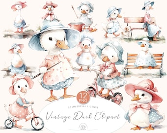 Vintage Duck Clipart: Pastel Farm Girl Illustrations (PNG Digital Download)