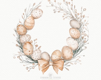 Watercolor Easter Egg Wreath Clipart: Rustic Bow, Floral PNG JPG (Digital Download)