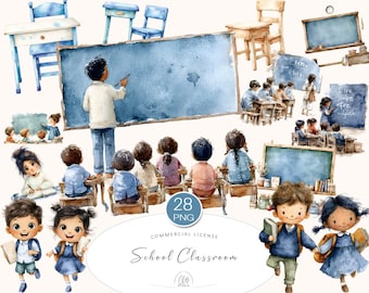 Watercolor School Clipart: Kids, Teachers, Chalkboards (PNG Digital Download)