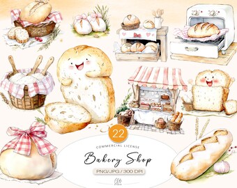 22 Bakery Clipart PNG JPG | Cute Bread Shop Illustrations for Scrapbooking & Junk Journal Crafts, Instant Download