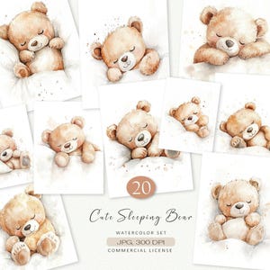 20 schattige slapende beer JPG-clipart – aquarel babyteddy-illustraties voor kinderkamerafdrukken, sublimatie, kunst aan de muur | Direct downloaden