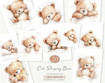 20 Cute Sleeping Bear JPG Clipart – Watercolor Baby Teddy Illustrations for Nursery Prints, Sublimation, Wall Art | Instant Download