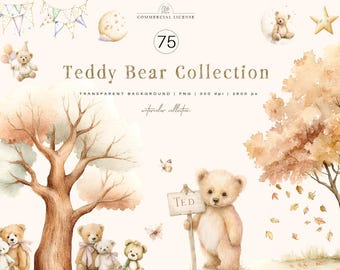 75 Teddy Bear Clipart | Watercolor Baby Shower PNG, Cute Nursery Bears, Woodland Baby Animals