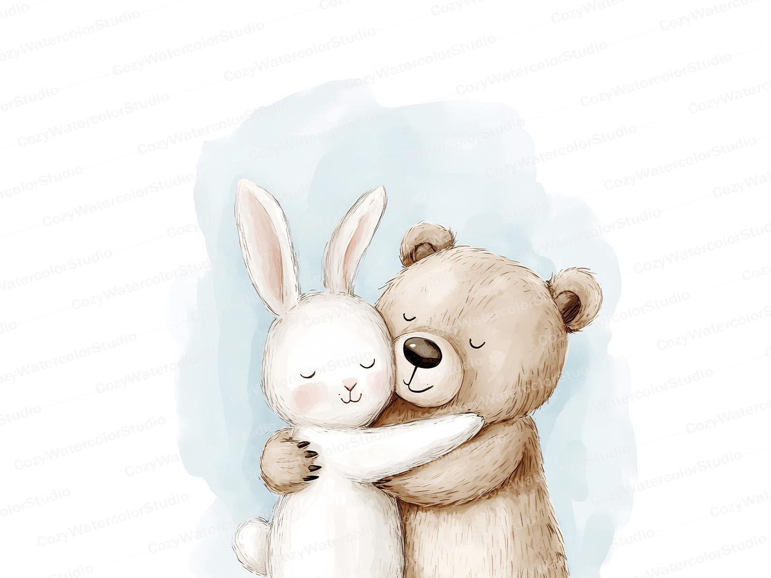 10 Cute Bunny and Bear Hug Clipart | Watercolor Nursery Art for Kids ...