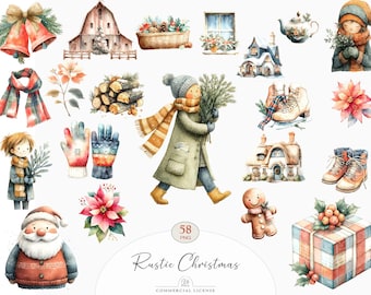 58 Rustic Winter Christmas Clipart | Watercolor Cozy Holiday PNG, Vintage Winter Scene