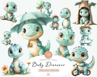 18 Baby Dinosaur Clipart PNG JPG, Cute Dino Illustration, Boy Nursery Art, Scrapbooking, Junk Journal, Sublimation, Instant Download