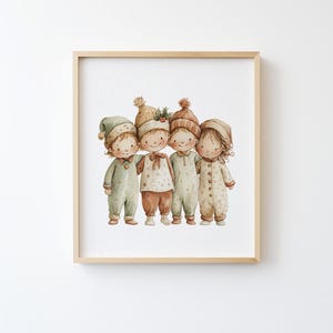 Pode incluir: Impress&atilde;o em aquarela emoldurada de quatro crian&ccedil;as de pijama e chap&eacute;us. As crian&ccedil;as s&atilde;o retratadas em cores suaves e suaves, com detalhes como la&ccedil;os e bot&otilde;es. A obra de arte tem um ar caprichoso e de conto de fadas.