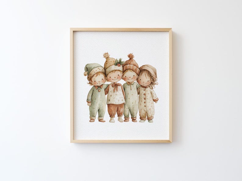Pode incluir: Impress&atilde;o em aquarela emoldurada de quatro crian&ccedil;as de pijama e chap&eacute;us. As crian&ccedil;as s&atilde;o retratadas em cores suaves e suaves, com detalhes como la&ccedil;os e bot&otilde;es. A obra de arte tem um ar caprichoso e de conto de fadas.
