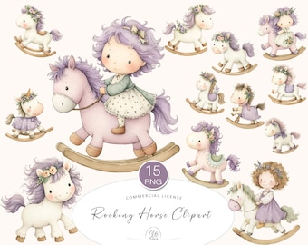Watercolor Rocking Horse Clipart: Nursery Art PNG Images (Digital Download)