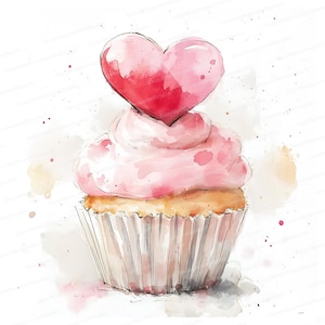 10 imágenes prediseñadas de cupcakes en acuarela, adornos de corazón, decoración para el día de San Valentín, descargas digitales de arte para proyectos de bricolaje, JPG