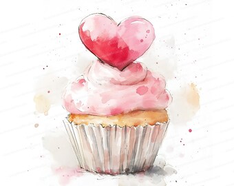Watercolor Cupcake Clipart: Heart Topping, Valentine's Day (Digital Download)