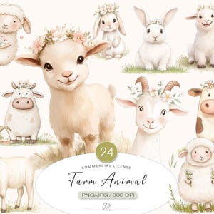 Pacote de Clipart de Animais de Fazenda | Animais Bebês Fofos PNG | Cabra, Vaca, Coelho, Cordeiro para Impressões de Berçário, Chá de Bebê, Scrapbooking