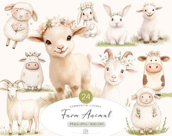 Watercolor Farm Animal Clipart: Baby Cow, Goat, Lamb, Bunny (PNG JPG)
