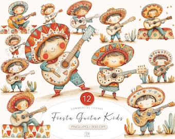 Mexican Fiesta Clipart: Kids with Guitars (PNG JPG, Digital Download)