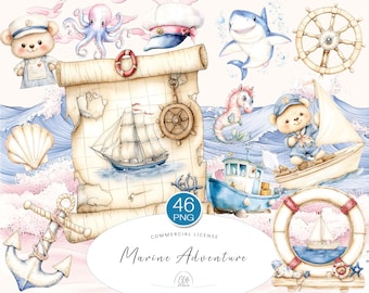 Nautical Bear Clipart Bundle: Watercolor Sailor Animals, Ocean Adventure (PNG Files)