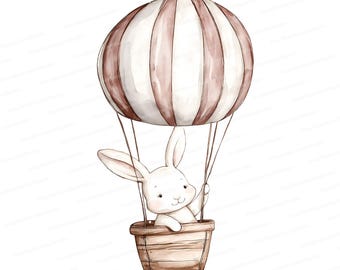 Watercolor Bunny Clipart: Hot Air Balloon, Baby Shower Decor (Digital Download)