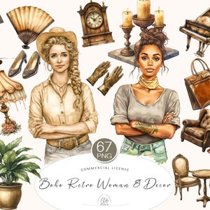 67 Clipart di donne boho retrò e decorazioni vintage - PNG acquerellati, moda elegante, casa antica, diario di scarto, scrapbooking