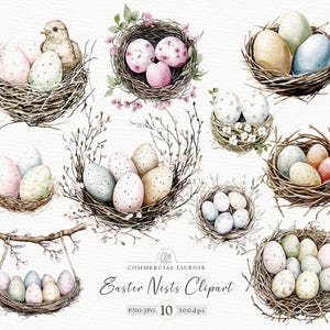 Conjunto de imágenes prediseñadas de nidos de Pascua / 10 nidos de pájaros con huevos en formato PNG y JPG / Ilustraciones digitales de primavera / Descarga instantánea, 300 DPI